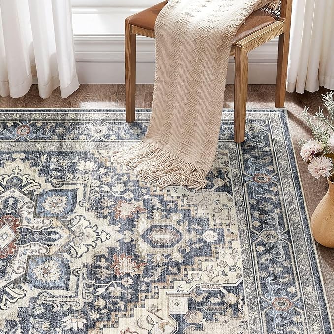 Washable Rug 7x9 Area Rugs: Boho Vintage Distressed Oriental Medallion Neutral Thin Large Rug Carpet for Living Room Bedroom Dining Room Home Office Decor - Blue