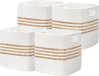UBBCARE Set of 4 Storage Cubes 11 X 10.5 X 10.5 in, Water Hyacinth Storage Bins for Shelves, Toys, Book, Storage Baskets with Handles, Cotton Rope Woven Baskets for Organizing, White