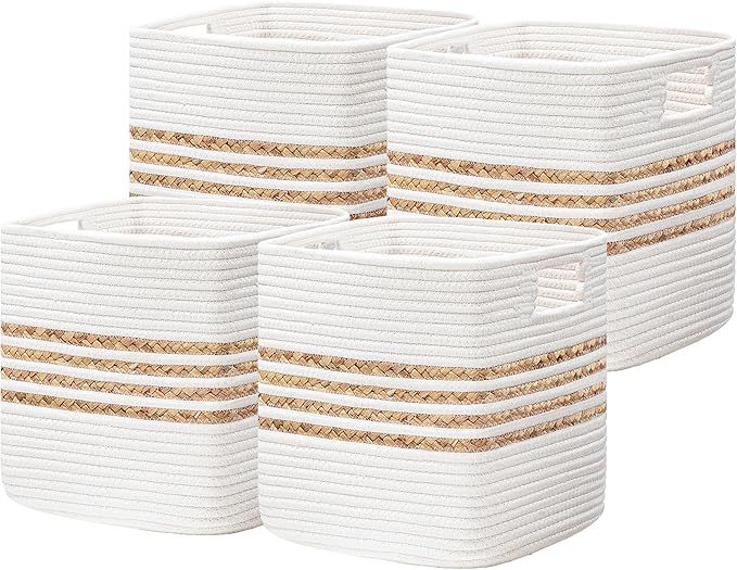 UBBCARE Set of 4 Storage Cubes 11 X 10.5 X 10.5 in, Water Hyacinth Storage Bins for Shelves, Toys, Book, Storage Baskets with Handles, Cotton Rope Woven Baskets for Organizing, White