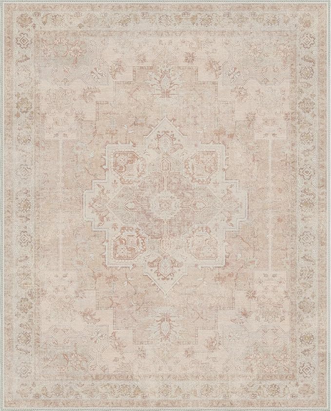 GENIMO 9x12 Area Rugs for Living Room, Machine Washable Rug, Non Slip Indoor Vintage Rug, Low Pile Lightweight Chenille Print Carpet for Bedroom Dining Room Home Office, Light Pink