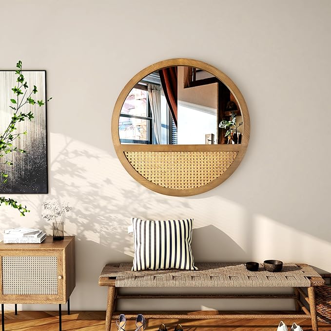24 Inch Rattan Round Mirror, Vintage Hand-Woven Wooden Framed Wall Mirror for Living Room, Bedroom, Bathroom, Entryway Decor, Natural Hanging Decorative Mirrors for Indoor Wall Art