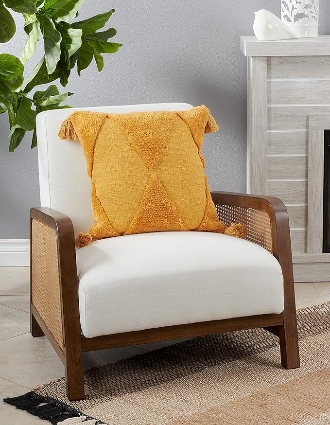 SARO LIFESTYLE Allman Collection Tufted Diamond Tassel Throw Pillow with Down Filling, 18", Mustard