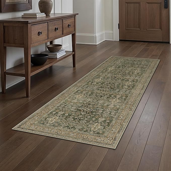 Hallway Runner Rug 2x6 Green Brown Vintage Washable Kitchen Carpet Traditonal Distressed Soft Non Slip Long Runner Retro Low Pile Thin Rug for Laundry Bedroom Entrance Bathroom
