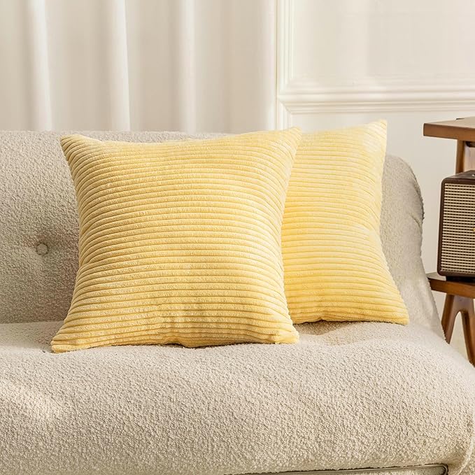 Home Brilliant Yellow Pillow Covers Spring Decorative Set of 2 Striped Corduroy Plush Velvet Throw Pillow Covers for Couch Decor, 18x18 inch, Light Yellow
