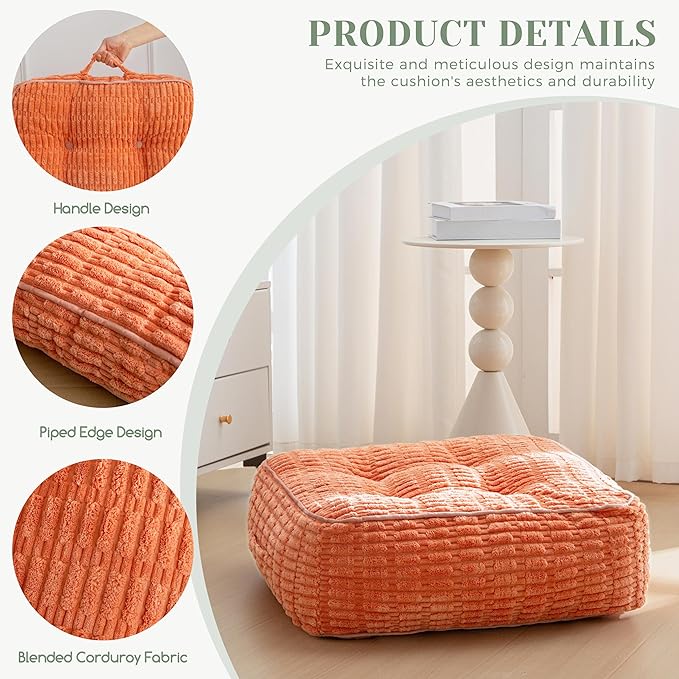 8" Washable Floor Pillow Cushion for Adults, Meditation Cushion Pillow, Removable Tufted Blended Corduroy Cover, Large Square Floor Sitting for Tatami Living Room or Yoga, 2Pack, Machine Washable