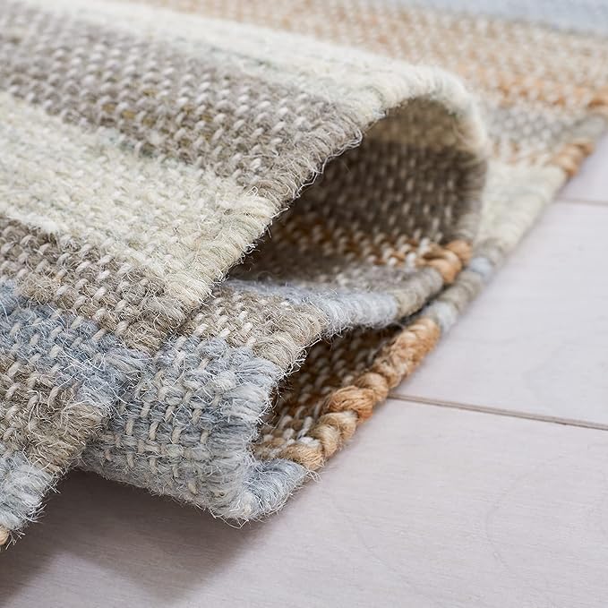 SAFAVIEH Area Rug 8x10 - Kilim Collection - Large - Natural & Light Blue, Handmade Jute, Ideal for Living Room, Bedroom, Office, Dining Space (KLM461L)