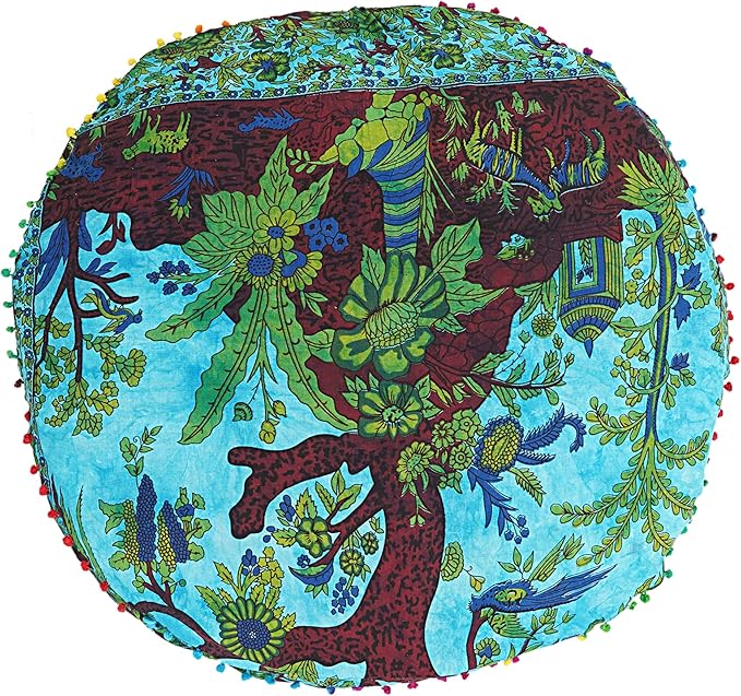 35 X 35 inch Large Mandala Floor Pillow Cushion Seating Throw Cover Hippie Decorative Bohemian Ottoman Poufs, Multi Pom Pom Pillow Cases,Boho Indian Pet Dog Bed Cover (Blue T.L)