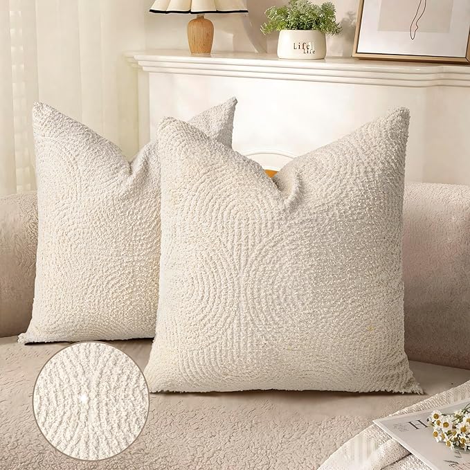 AELS Boho Decorative Textured Throw Pillow Covers 18x18, Modern Mid Century Rainbow Tufted Pillow Case, Farmhouse Rustic Geometric Woven Cushion Case for Bed Couch Sofa, Creamy White