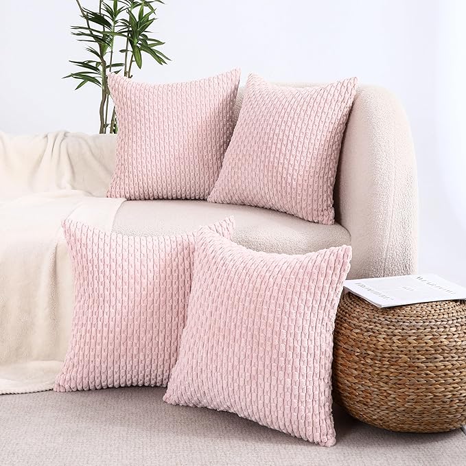VAKADO Light Pink Decorative Couch Throw Pillow Covers 20x20 Set of 4 Corduroy Christmas Farmhouse Rustic Cushion Case Decor Neutral Boho Square for Home Living Room Bed Sofa
