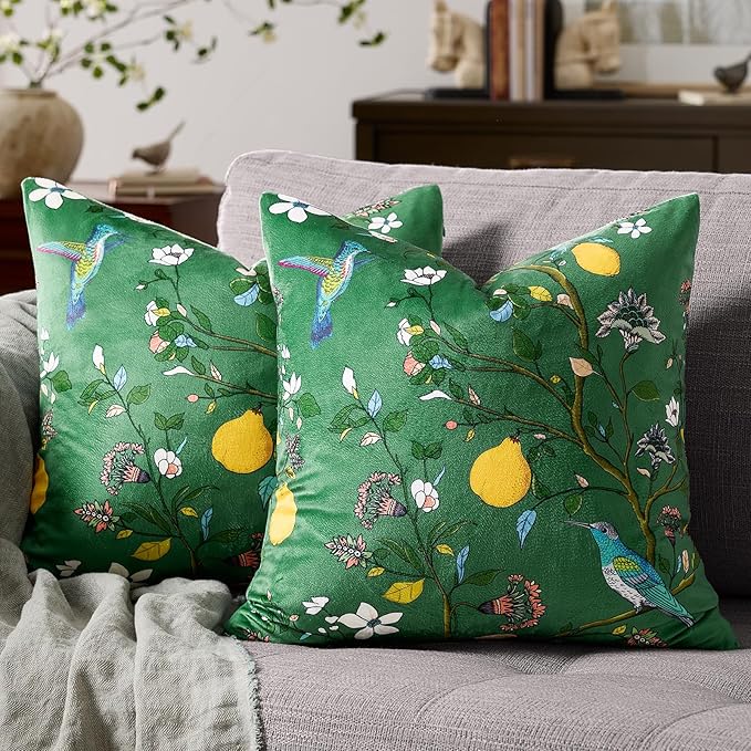 MUSSEL Dark Green Floral Pillow Covers 18x18 Set of 2, Velvet Wild Flower Plant Throw Pillows Case, Square Farmhouse Decor Cushion Covers for Home Sofa Bed Couch