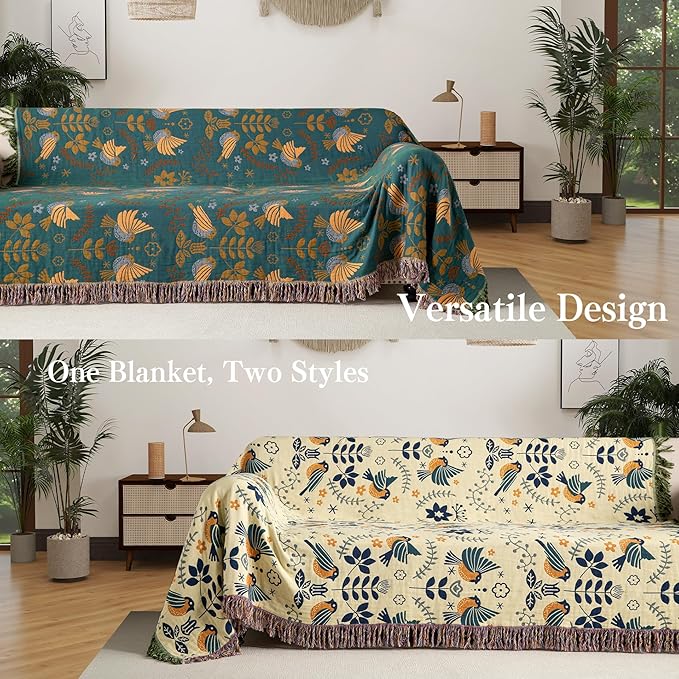 Boho Throw Blanket Throw Size, Soft Cozy Cotton Muslin Quilt Blanket for Bed Decor, Bird Patterned Couch Sofa Chair Cover, Vintage Farmhouse Cottage Tapestry Woven Blanket, Green&Beige