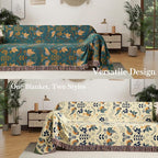 Boho Throw Blanket Full Size, Extra Large Soft Cozy Cotton Muslin Quilt Blanket for Bed Decor, Bird Patterned Couch Sofa Chair Cover, Vintage Farmhouse Cottage Woven Blanket, Green&Beige