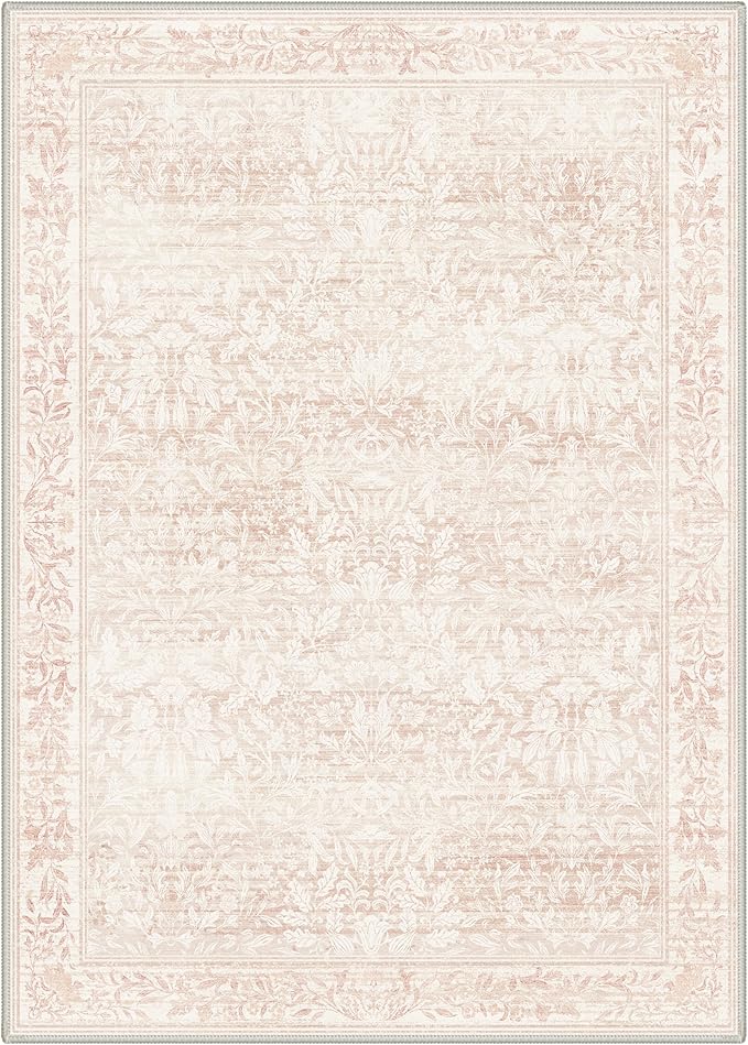 GENIMO Washable Rugs 5x7 for Living Room, Non Slip Vintage Floral Area Rug, Low Pile Lightweight Indoor Rug for Bedroom, Dining Room, Home Office, Pink