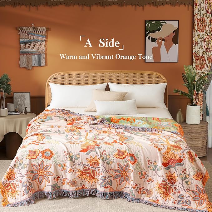 Boho Throw Blanket Full Size, Soft Cozy Cotton Muslin Quilt Blanket for Bed Decor, Floral Patterned Couch Sofa Chair Cover, Vintage Farmhouse Cottage Tapestry Woven Blanket, Coral&Green