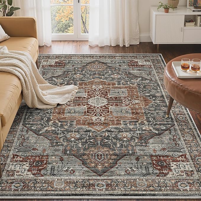 3x5 Area Rug - Washable Kitchen Rugs Non Slip,Soft Low Pile Small Rug for Entryway, Stain Resistant Vintage Area Rugs for Home Decor(Grey/Brown/Tan, 3'x5')