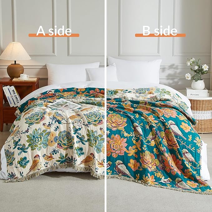 Boho Throw Blanket for Bed 80”x90”, 100% Cotton Woven Blanket for Couch Sofa, Ultra Soft 4-Layer Muslin Quilt with Floral Printed, Farmhouse Bed Blanket/Cover for Living Room Decor