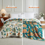 Boho Throw Blanket for Bed 60”x80”, 100% Cotton Woven Blanket for Couch Sofa, Ultra Soft 4-Layer Muslin Quilt with Floral Printed, Farmhouse Bed Blanket/Cover for Living Room Decor