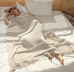 Blagic Knitted Throw Blanket for Couch Soft Farmhouse Boho Throw Blanket with Tassels Home Decorative Lightweight Throw Blankets,Cream White Throws for Bed/Chair/Sofa, Stripe Textured, 60" W x 80" L