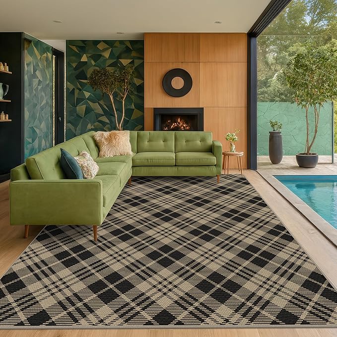 JTJ Vintage Checkered Easy Jute Rugs for Large Living Room 8x10 - Diamond Patterned Woven Rug for Bedroom, Indoor Area, Dining Room, Washable Foldable Low Pile Black and White Classic Decor