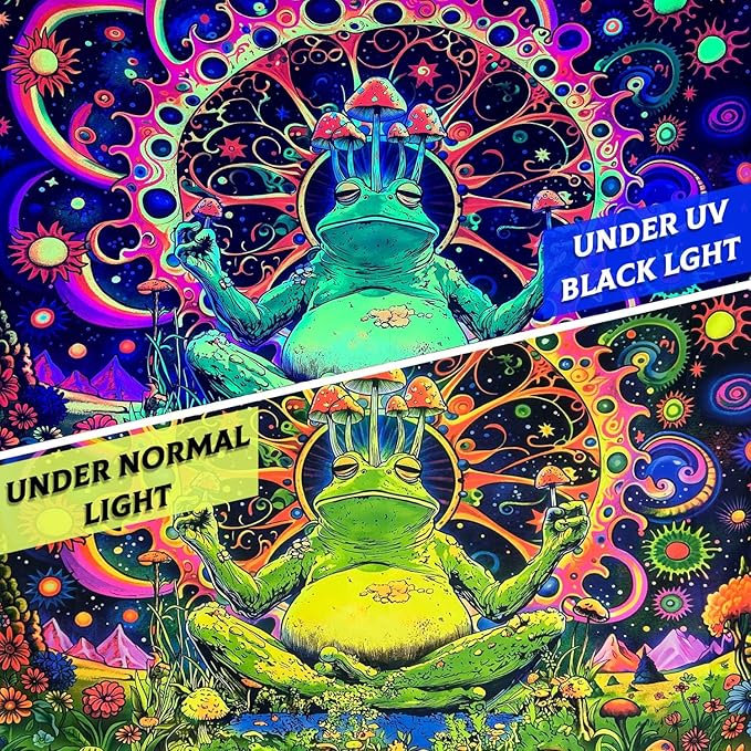 ARTCREATOR Blacklight Frog Mushroom Tapestry, Whimsical Hippie Wall Decor UV Reactive Tapestries Vintage Meditating Frog Tapestries for Living Room Bedroom (29" x 37")