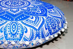 Round Mandala Floor Pillow Cover Seating Cushion Throw Cover Ottoman Pouf Cover Pom Pom Pillow Cases Hippie Decorative Bohemian Boho Indian 22 Inches (Blue White)