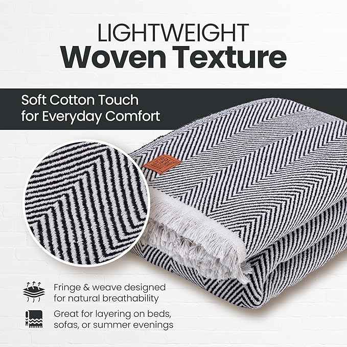 Gold Case Throw Blanket for Bed - 100% Recycled Turkish Cotton Blanket - Elegant Lightweight Soft Throw Blankets for Bed & Living Room - Twin Size Cozy Blankets - 71x90 - Black