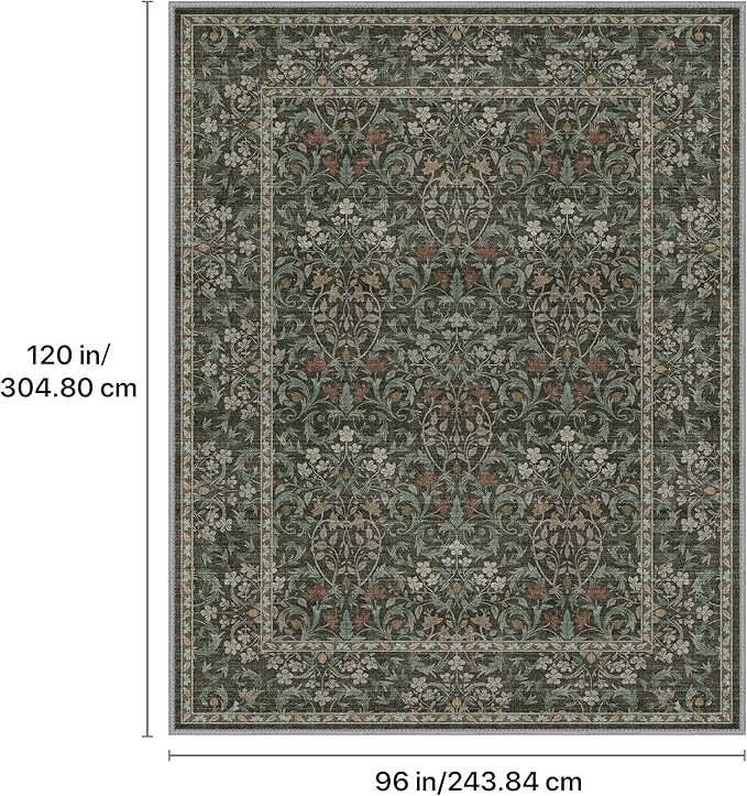 GENIMO 8x10 Washable Area Rug, Non-Slip Vintage Boho Floral Carpet, Soft Low-Pile Thin Living Room Rug for Bedroom, Dining Room, Nursery, Black