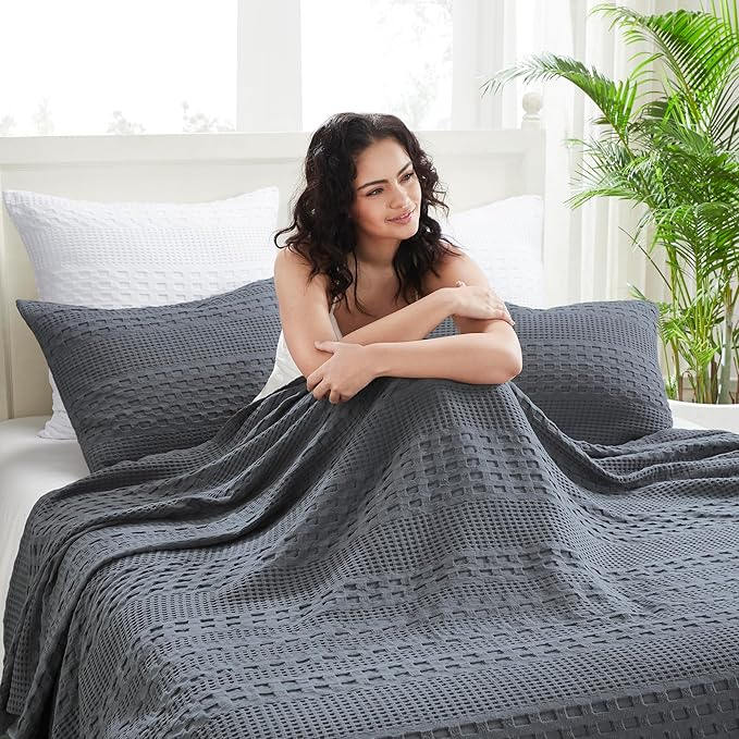 VHC Brands 100% Cotton Waffle Weave King Blanket 108"x90", Decorative Lightweight Spring and Summer Throw Blanket, Bedroom Decor for Bed, Couch, or Sofa, Dark Grey