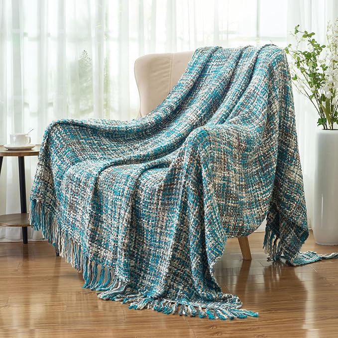 Multi-Color Teal Cable Woven Throw Blanket for Couch,60"X80" Boho Style Textured Blankets for Home Decor,Super Soft Warm Cozy Chunky Blanket with Decorative Tassels for Bed and Sofa