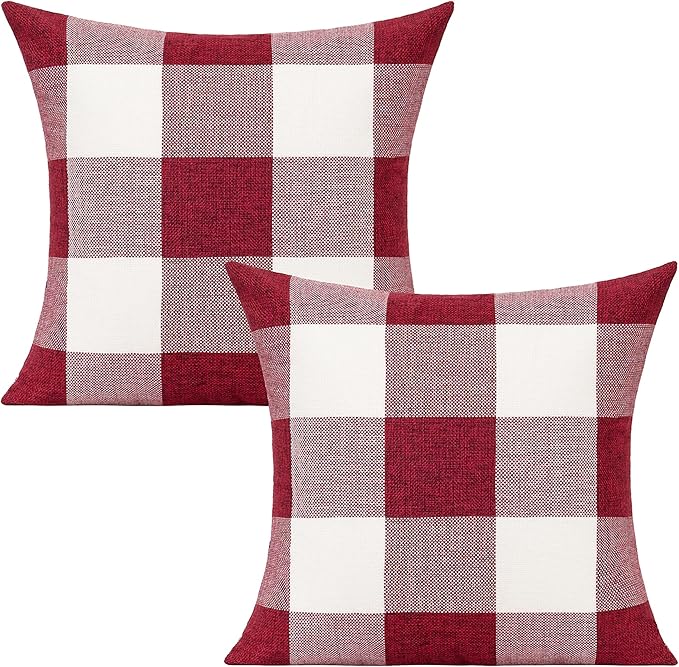 VAKADO 16x16 Inches Set of 2 Christmas Red and White Buffalo Check Plaid Throw Pillow Covers Farmhouse Decorative Square Burgundy Cushion Cases for Sofa Couch Bedroom Valentine Home Décor