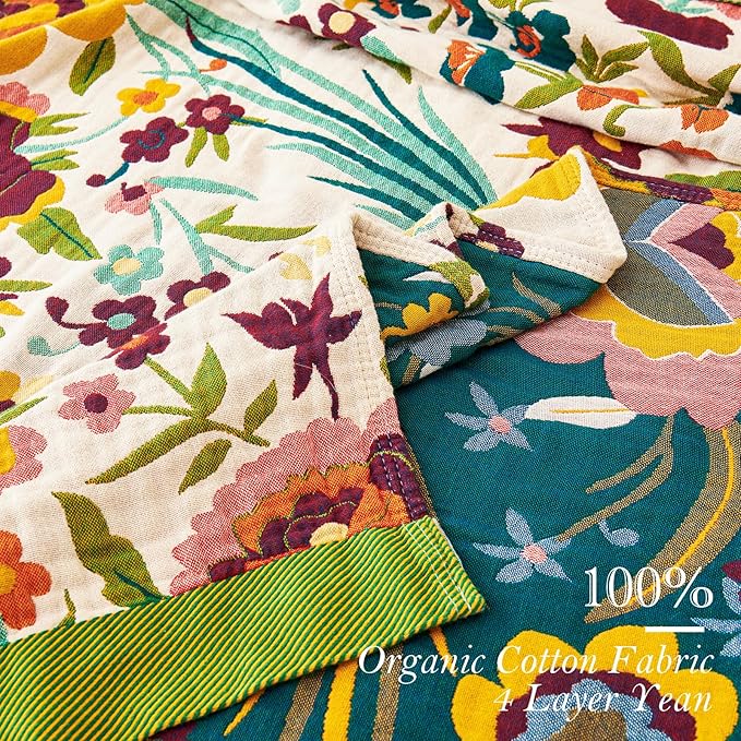 Boho Throw Blanket, 100% Organic Cotton Breathable Ultra Soft 91" x 98" Bed Quilt Throw - All Season Floral Rustic Farmhouse Decor Luxury Reversible Blanket for Sofa Couch Chair and Gift