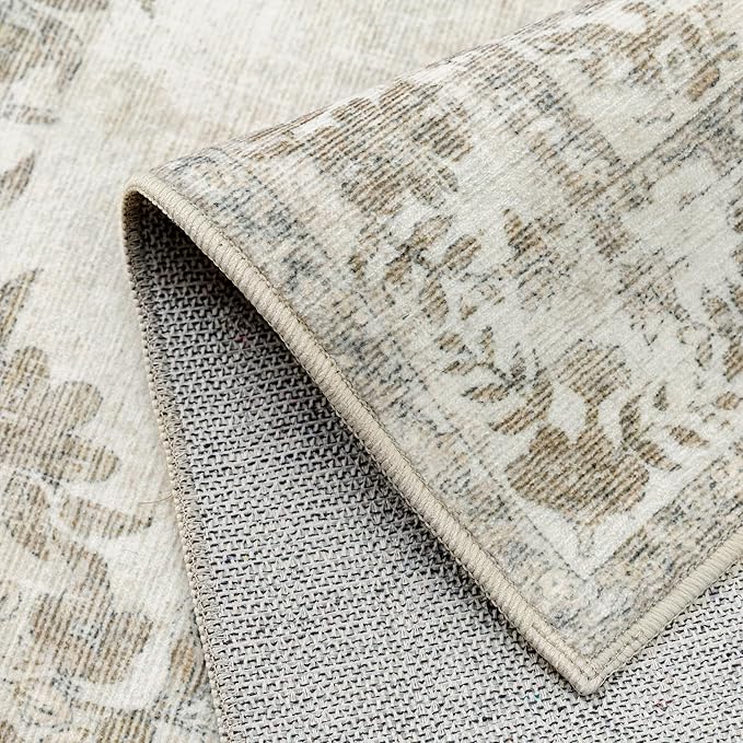 10x12 Area Rug Beige Washable Vintage Distressed Living Room Carpet Large Bedroom Indoor Medallion Floral Non Slip Retro Throw Floor Mat for Office Dining Room Kitchen Bathroom