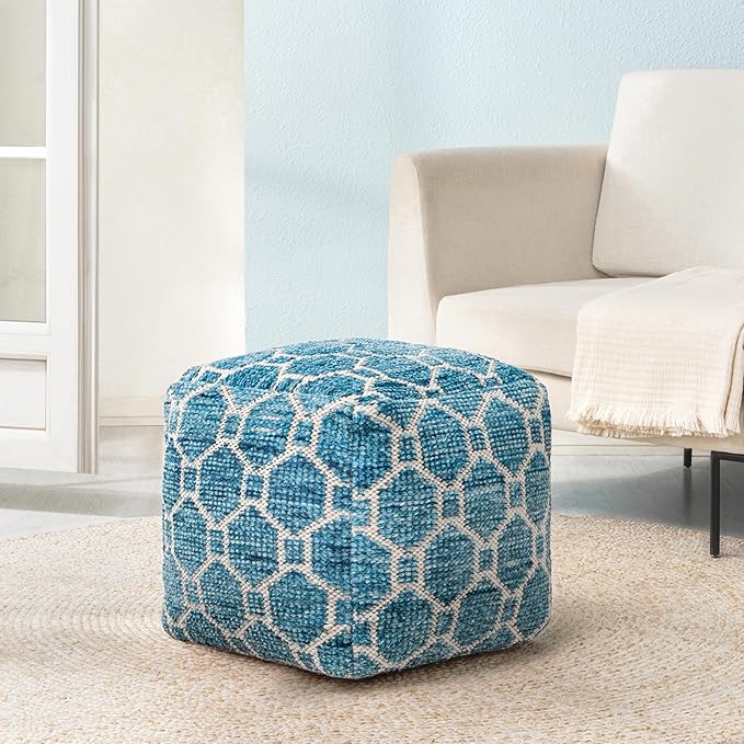 Anji Mountain Pouf Ottoman Foot Rest, Handmade Ottoman Pouf, Comfortable Foot Stool, Decorative Floor Seating for Living Room Decor, Bedroom & Home Décor Accent - Blue
