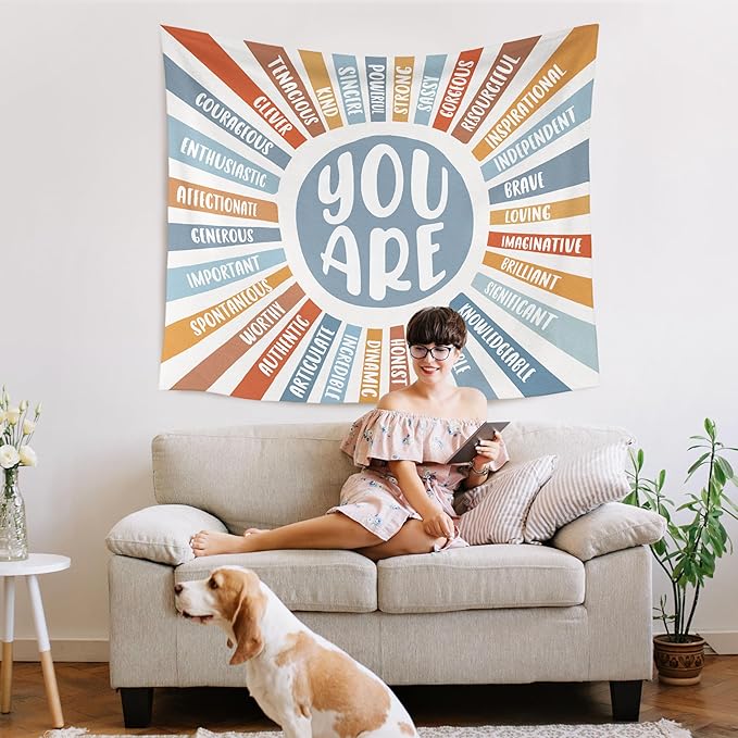 WARDOS Boho Sunshine Tapestry, You Are Inspirational Tapestry Wall Hanging, Colorful Boho Sun Positive Affirmation Wall Blanket Decor for Kids Room Nursery Playroom Classroom, 50x60 Inch (Blue)