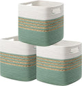 UBBCARE Set of 3 Storage Cubes 13 X 13 X 13 in, Water Hyacinth Storage Bins for Shelves, Toys, Book, Storage Baskets with Handles, Cotton Rope Woven Baskets for Organizing, Green