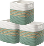 UBBCARE Set of 3 Storage Cubes 13 X 13 X 13 in, Water Hyacinth Storage Bins for Shelves, Toys, Book, Storage Baskets with Handles, Cotton Rope Woven Baskets for Organizing, Green