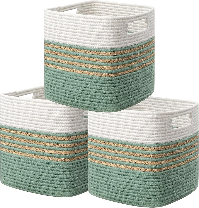 UBBCARE Set of 3 Storage Cubes 13 X 13 X 13 in, Water Hyacinth Storage Bins for Shelves, Toys, Book, Storage Baskets with Handles, Cotton Rope Woven Baskets for Organizing, Green