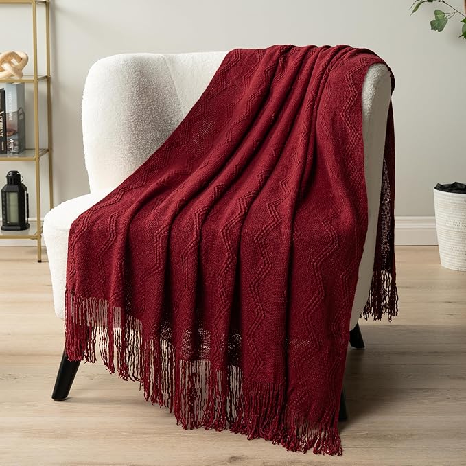 PAVILIA Maroon Red Knit Throw Blanket for Couch, Twin Bed, Soft Knitted Farmhouse Sofa Throw for Living Room, Lightweight Decorative Fall Blanket for Chair, Outdoor Textured Boho Blanket, 60x80