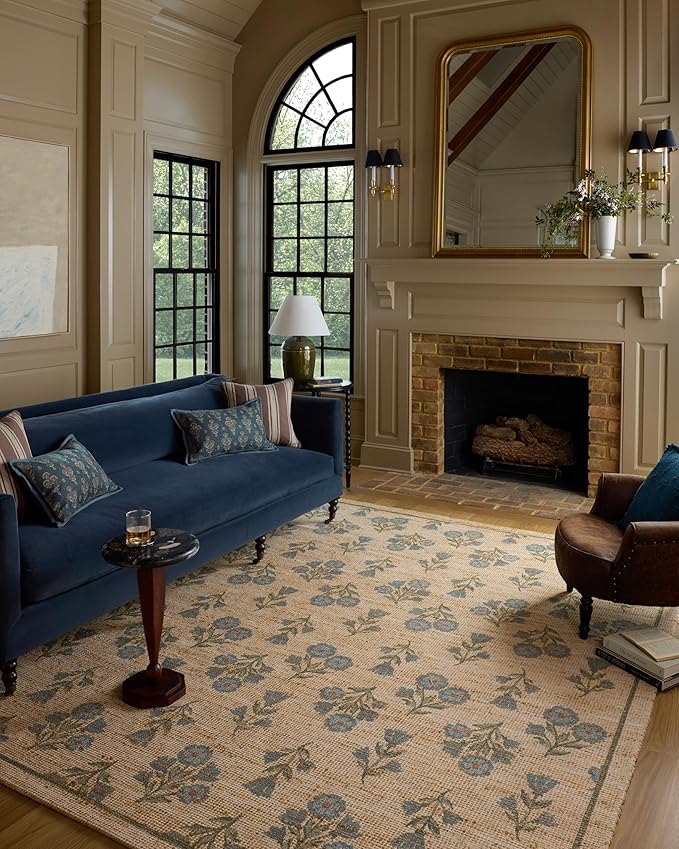 Loloi Chris Loves Julia Rue Collection RUE-04 Moss/Blue 8'-6" x 11'-6" Area Rug Jute Neutral Floral Living Room Bedroom Rug
