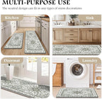 Boho Kitchen Mats for Floor 2 Piece Set Anti Fatigue Cushioned PVC Kitchen Rugs Non Slip Waterproof Farmhouse Mats 2/5 Inch Comfort Standing Mat for Laundry, 17.3"x59"+17.3"x28", Green-Tinted Grey