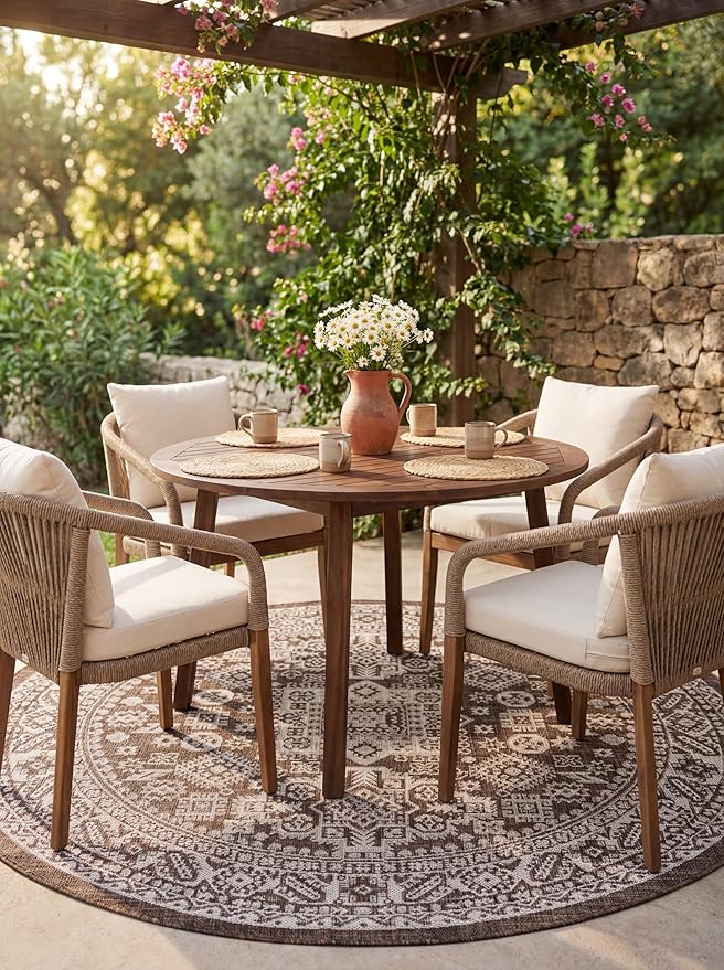 Rugs.com Outdoor Aztec Collection Rug – 4 Ft Round Brown Flatweave Rug Perfect for Kitchens, Dining Rooms
