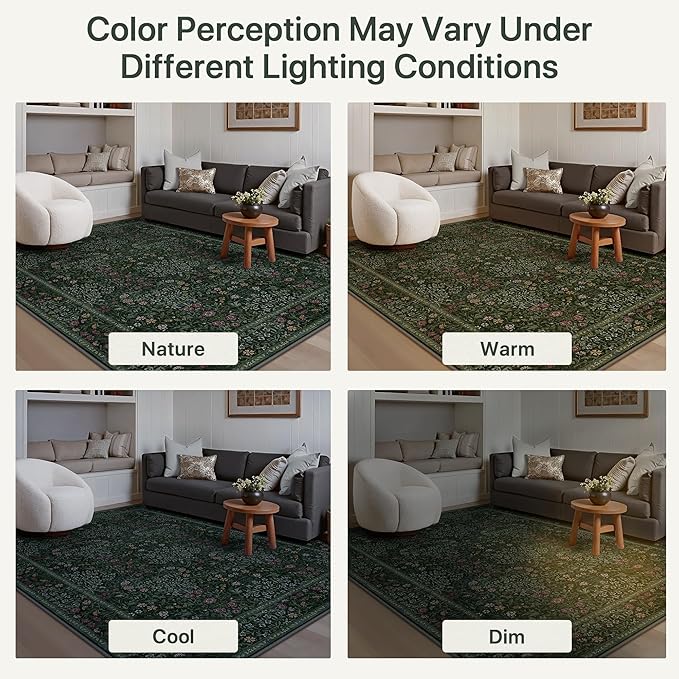 GENIMO 8x10 Area Rug for Living Room, Washable Vintage Floral Low Pile Non-Slip Large Carpet for Bedroom Dining Room, Stain Resistant Botanical Indoor Rug (Dark Green)