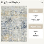 6x9 Abstract Area Rugs for Living Room 6 x 9 Washable Non Slip Low Pile Gray Rugs for Bedroom Dining Room Foldable Thin Blue Yellow