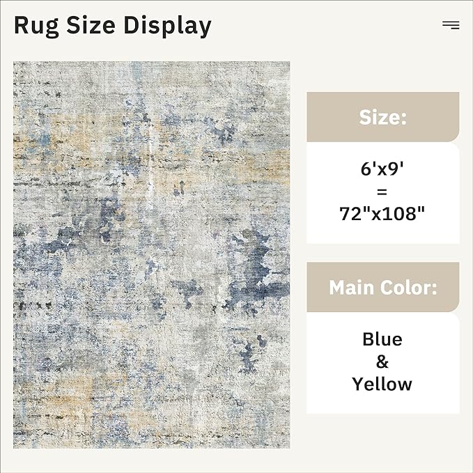 6x9 Abstract Area Rugs for Living Room 6 x 9 Washable Non Slip Low Pile Gray Rugs for Bedroom Dining Room Foldable Thin Blue Yellow