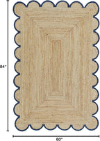 Scalloped Natural Jute Area Rug, Navy Trim, 5'x7'