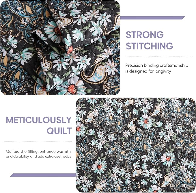 JSD Black Paisley Floral Quilt Set Twin Size, 2 Piece Printed Bedspreads Coverlet with Pillow Sham, Soft Microfiber Quilted Blanket