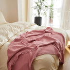 Simple&Opulence Cotton Muslin Throw Blanket 4 Layers for Bed, Couch, Woven Gauze Blanket with Tassels, Soft Lightweight Cozy Pre-Washed Breathable Farmhouse Decoration for All-Season(Dusty Pink)
