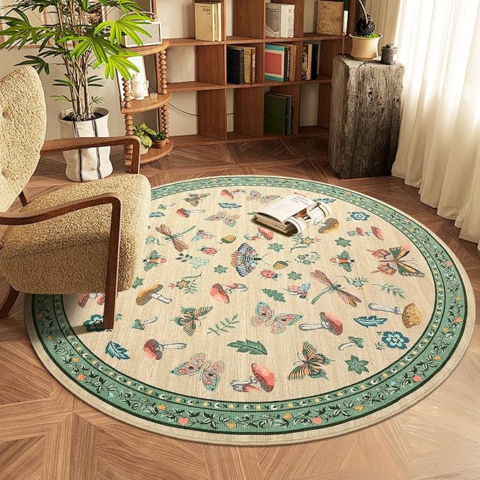 Mushroom Insect 4ft Round Rug Washable Non-Slip Soft Ultra-Thin Small Boho Circle Carpet for Entryway Kitchen Bedroom Nursery Dining Room Khaki Green