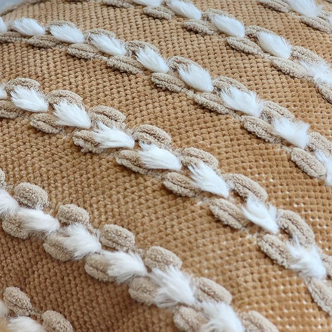 18x18 Boho Pillow Cover - Chenille Tufted Decorative Throw Pillow Cover Velvet Backing, Farmhouse Striped Square Accent Pillow Case for Sofa, Couch, Bedroom, Living Room, Dark Khaki, White