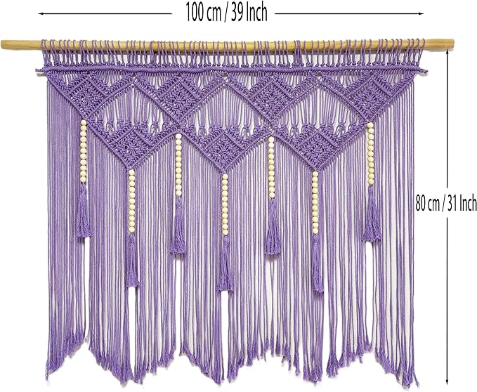 Youngeast Large Macrame Wall Hanging Boho Woven Tapestry Bohemian Macrame Wall Decor Handmade Tassel Tapestry Home Decoration for Bedroom Living Room 39"X31" (Wood Dowels Not Included) (Purple)